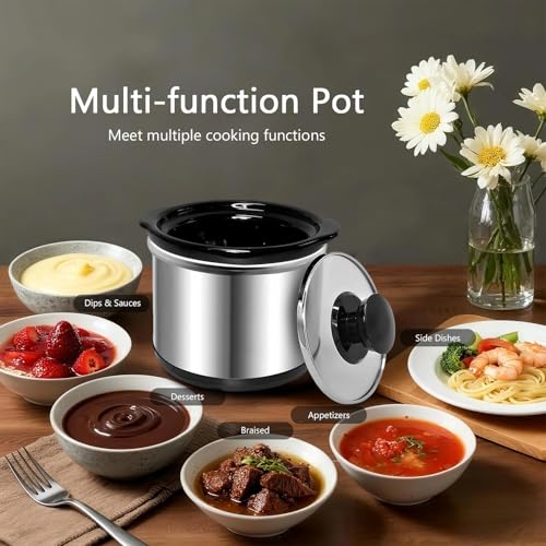Mini Slow Cooker, 0.65 Qt Capacity small slow cooker, Ceramic Pot, Nutrient Loss Reduction, For Sauces, Stews & Dips, Round (stainless s)