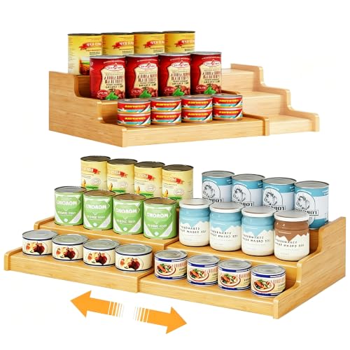 Expandable Bamboo Can Storage Display for Pantry, Easy-Access 3-Tier Adjustable Can Organizer Shelf for Cabinets, Canned Goods & Food Storage, Soda Can Organizer Holds Up to 24 Cans (Patent Pending)