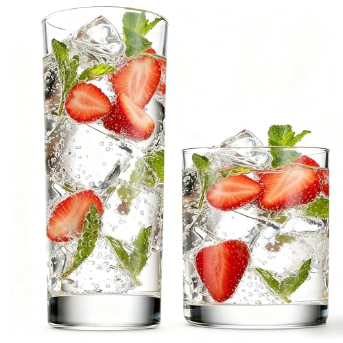 Farielyn-X Everyday Drinking Glasses Set of 8, 14oz Tall Glass Cups & 10.5oz Short Dof Glasses Glass Water Cups, Hurricane Tumbler Drinkware for Cocktail, Iced Coffee, Beer, Tea, Wine, Whiskey