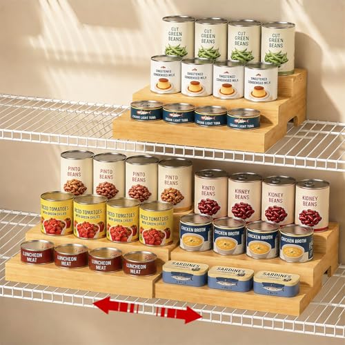 D-werack Expandable 3-Tier Wooden Can Organizer for Pantry, Adjustable Shelf Holds 24 Cans, Storage Rack for Cabinet & Countertop, Space Saving Pantry Organizer for Small Kitchens and Apartments