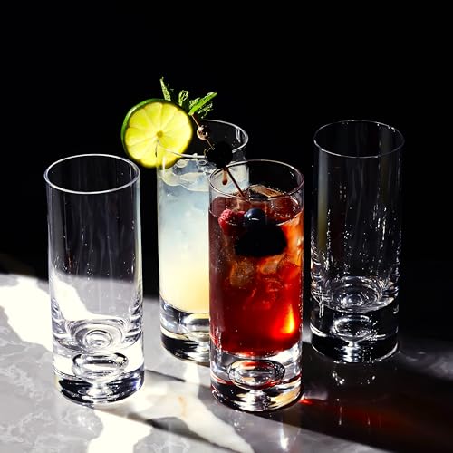 LEMONSODA Crystal Bubble Base Collins Glass Highball Tumbler - Set of 4-12oz - Heavy Weighted Bottom - Unique Design Great for Water, Juice, Beer, Cocktails, and More