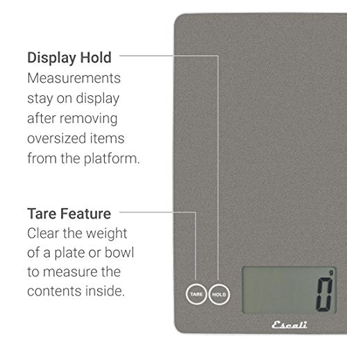 Escali Arti Glass Food Scale Digital Countertop Kitchen, Baking and Cooking Scale with Nutrition and Calorie Counter, 15-Pound Capacity, 9" x 6.5" x .75", Gray Storm