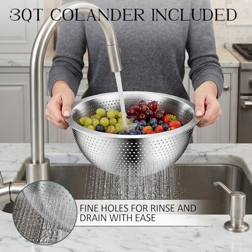 DUTZUN Heavy-Duty Stainless Steel Mixing Bowls Set of 5 plus 3QT Colander, Nesting Kitchen Metal Bowl for Baking Prep Salads Serving Cooking, Dishwasher Safe — 4.0 to 0.8 QT