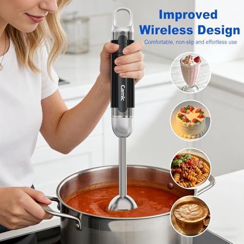 Cordless Immersion Hand Blender with Charging, 4 in 1 Hand Blenders Set,6-Speed Turbo, Wall-Mountable Design, Includes Chopper, Whisk & Frother for Soup, Baby Food & Smoothies (Black)