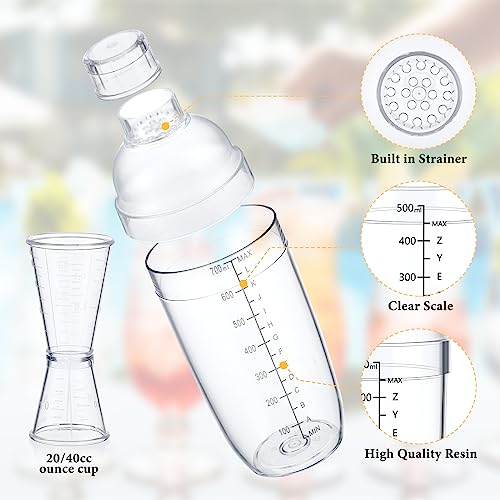 Uiifan 6 Pcs Plastic Cocktail Shaker Set 4 Pcs 17 oz 24 oz Hand Drink Mixer and 2 Ounce Cup with Measurements Mixing Tool for Bar Party Tea Coffee Milk