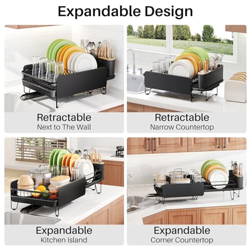 SNTD Dish Drying Rack - Large Dish Racks for Kitchen Counter, Expandable Dish Drainers with Cutlery Holder Stainless Steel Rustproof, Black