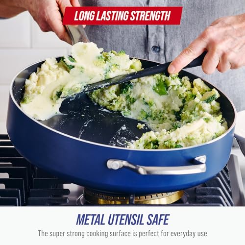Blue Diamond 5QT Saute Pan with Lid, Non Toxic PFAS-Free Diamond Ceramic Nonstick, Dishwasher & Oven Safe, Metal Utensil Safe, Deep Jumbo Cooker Skillet with Helper Handle, Glass Lid, Blue