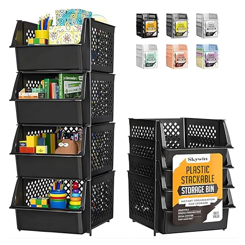 Skywin Stackable Storage Bins Open Front for Pantry Storage, 4 Pack - Black