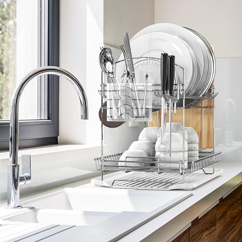 Simple Houseware 2-Tier Stainless Steel Dish Rack with Drainboard, Chrome for Kitchen