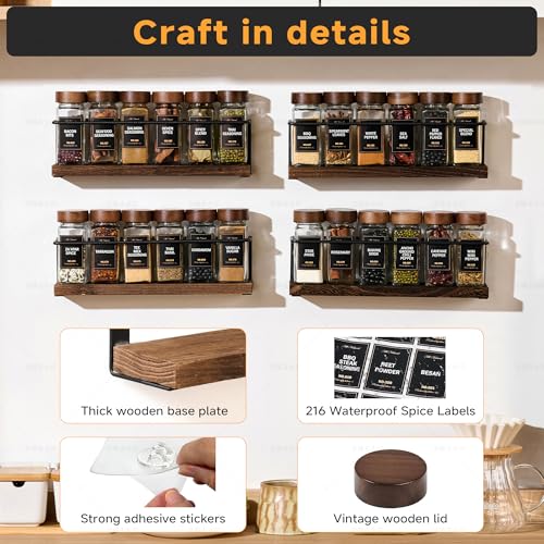 KitHero 4-Tier Wall Mount Spice Rack Organizer with 24 Glass Jars, 216 Labels & Funnel - Screw/Adhesive Mount, Black Metal & Wood Spice Storage for Kitchen Pantry Cabinet, 11.6”L x 2.4”W x 3.2”H