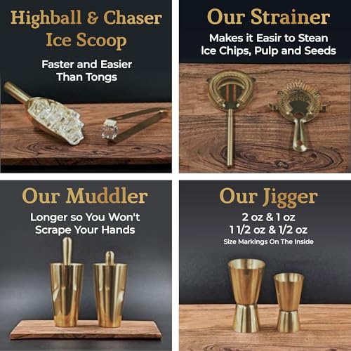 Highball & Chaser Bartender Kit with Black Bamboo Stand Beautiful Cocktail Shaker Set and Bar Tools Stainless Steel Boston Shaker Bartender Kit with Stand (Antique Gold)