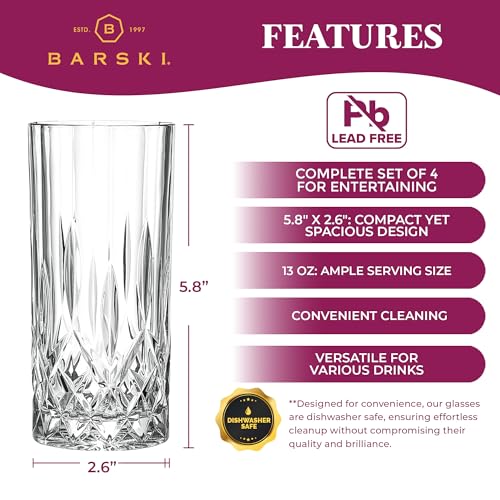 Barski Highball Glass - Drinking Glasses - Set of 4 - Hiball Tumblers - Glass Crystal Tumbler - for Water, Juice, Beer, Mixed Cocktails, Mojito Glass, Tom Collins Bar Glassware, 13 oz, Made in Europe