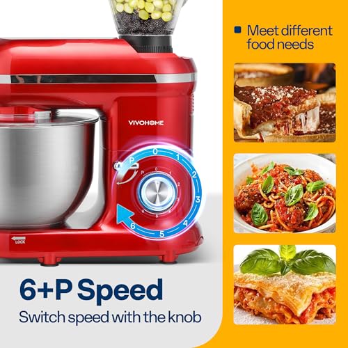 VIVOHOME 3-in-1 Stand Mixer, 6 Quart Electric Tilt-Head Kitchen Mixer with Bowl, Multifunctional Food Mixer with Meat Grinder and Blender Attachments, Dough Hook, Beater, and Whisk, Red