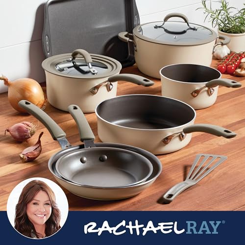 Rachael Ray Cook + Create Aluminum Nonstick Cookware Set, 10-Piece, Almond