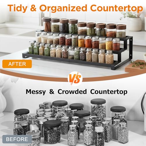 3-Tier Spice Rack Organizer for Kitchen Cabinet or Pantry, 16"-29" Expandable Spice Organization Shelf, Seasoning Organizer, Metal Display Shelf, Slip-Resistant Design for Jars and Bottles, Black