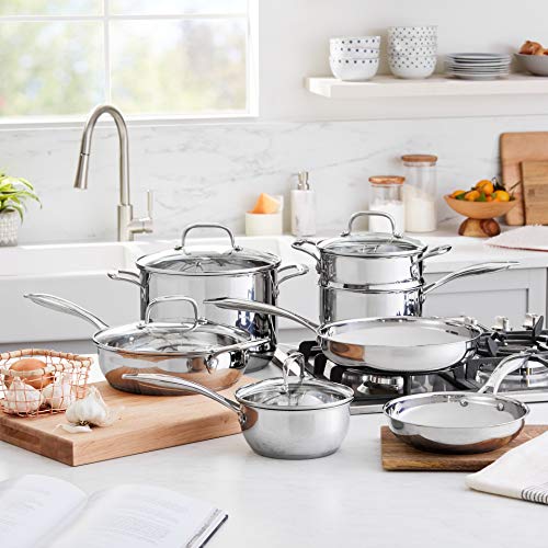 Amazon Basics Stainless Steel Cookware 11-Piece Set, Oven Safe, Induction-Ready, Even Heating, Non Toxic, Stay-Cool Handles, Pots and Pans, All Stovetops, Glass Lids, Silver