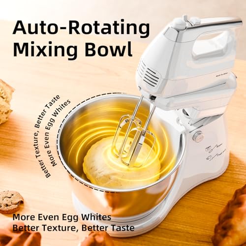 Vikaluz 4.8QT 2-in-1 Stand Mixer, Electric Kitchen Mixer with Auto-Rotating Bowl & Tilt-Head, 5-Speed 250W Turbo Baking Machine for Beginners with Beater & Dough Hook for Cookie, Bread, Cake (White)