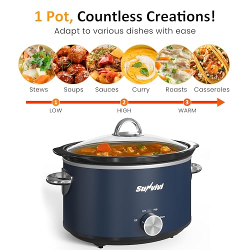 Sunvivi 4 Quart Slow Cooker & Mini Food Warmer with 3 Heating Settings, Removable Ceramic Pot, Dishwasher Safe Glass Lid, Stainless Steel, Blue