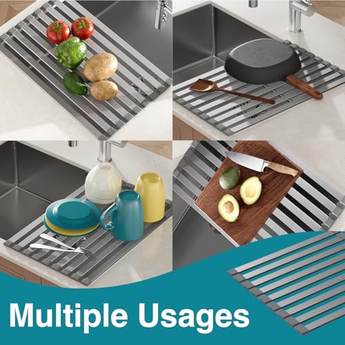 COOL-ANGLE Aluminum Roll Up Dish Drying Rack Over The Sink, 17.7" x 13.4" Rust-Proof Foldable Dish Drainer Mat, Heat Resistant Trivet & Kitchen Sink Cover, Fits Sinks up to 16.8" Wide, Matte Gray