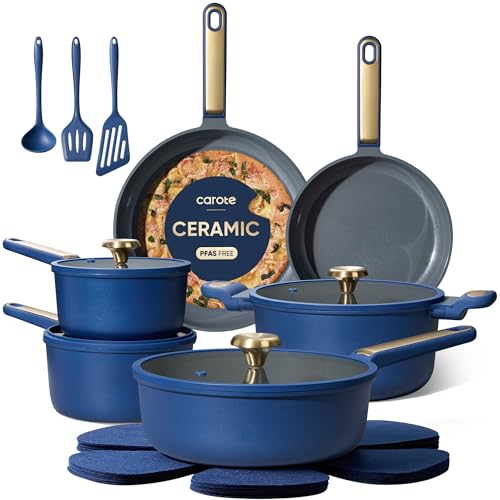 CAROTE Ceramic Cookwar Set, Pots and Pan Set Non Stick 18 Piece, Cookware Set Kitchen Cooking Set Non Toxic, PFAS PTFE
