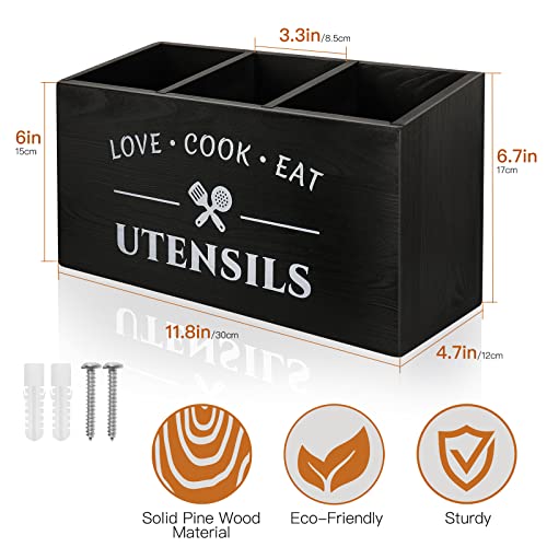 MINCORD Kitchen Utensil Holder with 3 Compartments, Rustic Wooden Storage Organizer Box Vintage Cutlery Farmhouse Flatware Utensil Caddy Countertop for Silverware Fork Spoon Spatula