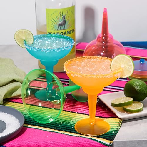 True Plastic Margarita Glasses Disposable, Margarita Cups 12 oz – Colorful Neon Plastic Cups for Pool, Beach, BBQ, Holiday & Party Use, Indoor & Outdoor, Birthday Party Supplies, Set of 12, Multicolor