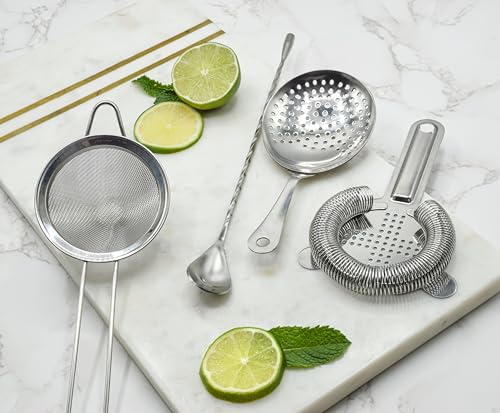 TheBarsentials Cocktail Strainer Set Stainless Steel Bar Tools with Stirring Spoon - Hawthorne, Julep, & Fine-Mesh Sifter for Drinks