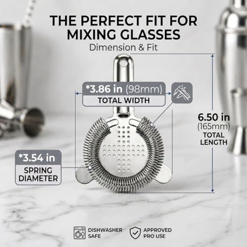Professional Hawthorne Cocktail Strainer, Food-Grade 304 Stainless Steel Bar Strainer with High-Density Spring, Ergonomic Drink Strainer for Cocktails, Shakers, and Mixing Glasses - Silver