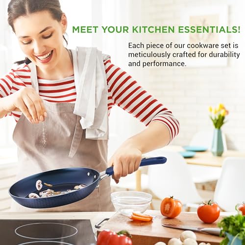 NutriChef 11 Piece Pots and Pans Set - Non Stick Cookware Set with Ceramic Coating, Cool-Touch Handles, Induction Ready, Includes Lids, and Utensils - Diamond Blue