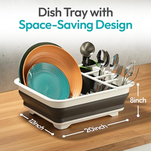 Masirs Pop-Up Collapsible Dish Drying Rack - Convenient Storage - Drains into Sink - Eight Large Plate Capacity - Sectional Cutlery and Utensil Compartment - Compact and Portable Design (12 x 20 Inch)