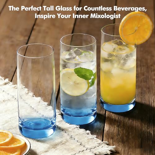 GLAZVIA Blue Highball Glasses Set of 6,13oz Drinking Glass Cups for Mixed Drink Cocktail, Beer, Mojito, Water and Juice,Thick Tall Crystal Glassware for Kitchen, Restaurant, Home Bar and Parties
