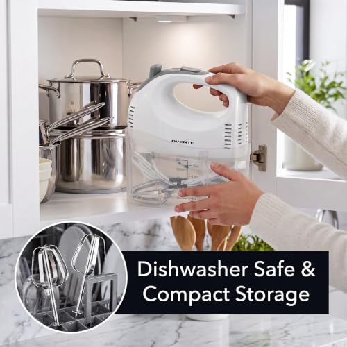 OVENTE 5-Speed Electric Hand Mixer with Storage Case,150W, White HM151W