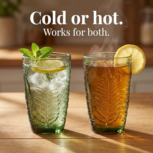Green Drinking Glasses Set of 4, 12 oz Vintage Hand-Pressed Glass Cups, Fern Textured Highball Tumblers, Antique Style Boho Glassware for Water, Juice, Cocktails & Mocktails, Housewarming Gift Set
