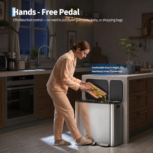 Dual Kitchen Trash Can 13.2 + 5.2 gal (50+20L) Stainless Steel Trash Cans with Soft Close Lid Large Double Garbage and Recycling Bin with 2 Removable Inner Buckets Step-on Metal Garbage Cans Silver
