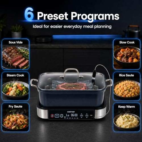 COSTWAY 6-in-1 Programmable Slow Cooker with Sous Vide, 6.8 Quart, Steam, Fry, Rice & Keep Warm Functions, Adjustable Timer & Temp Control, Nonstick Removable Pot, Dishwasher Safe Parts