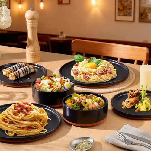 LIANYU 12 Pieces Porcelain Dinnerware Sets, Premium Plates and Bowls Set, High-Fired Ceramic Dishes Set for 4, Chip & Scratch Resistant, Microwave Dishwasher Safe, Charcoal Black