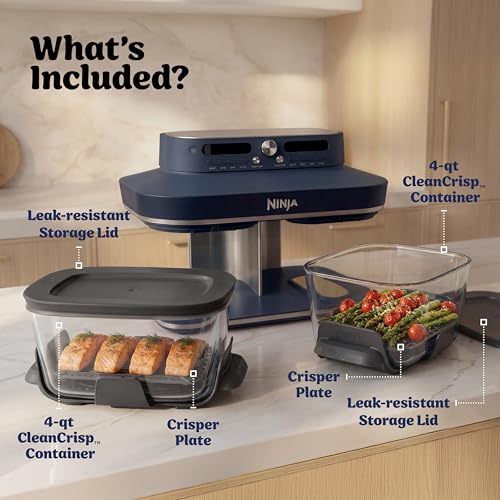 Ninja Crispi DualZone 6-in-1 Glass Air Fryer | With Nontoxic, 2x 4qt Containers & Lids | Microwave, Freezer, Dishwasher Safe | 450°F Max Temp | 1785 Watt | Cyberspace | DD101BL1