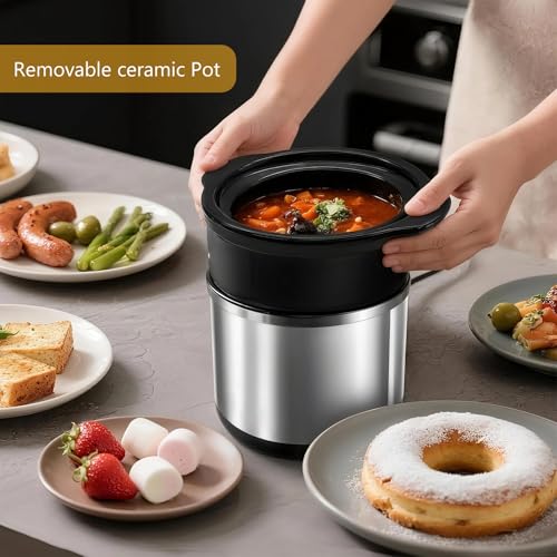 Mini Slow Cooker, 0.65 Qt Capacity small slow cooker, Ceramic Pot, Nutrient Loss Reduction, For Sauces, Stews & Dips, Round (stainless s)