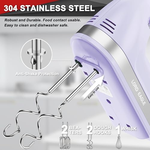 Lord Eagle Hand Mixer Electric Handheld 400W, 5-Speed Lightweight Kitchen Mixer with Storage Case, 5 Stainless Steel Attachments for Baking Cake Egg Cream Food Beater, Turbo+Eject Button, Purple