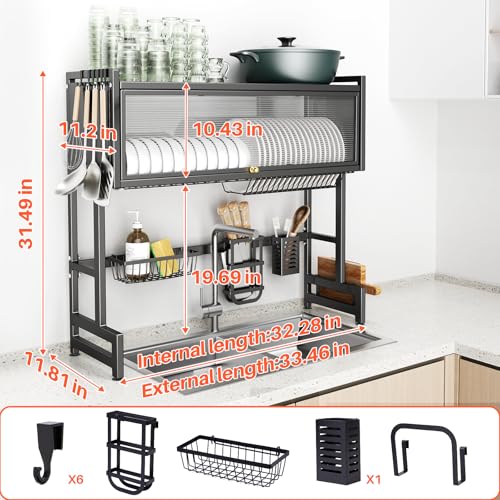 Over The Sink Dish Drainer Drying Rack 3 Tiers with Cover, Keep Kitchen Sink Shlef Organized Space-Saving Dish Drying Rack, Large Stainless Steel Sink Drying Rack for Dishes, Bowls, Cutlery (33.4"W)