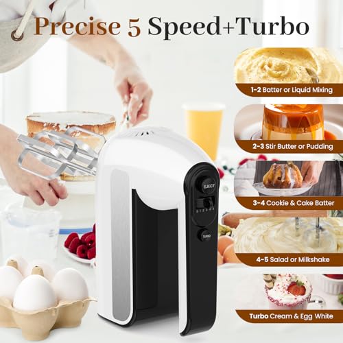 5-Speed Electric Hand Mixer, 800W Handheld Mixer with Turbo for Baking & Cooking, Kitchen Food Mixer with Storage Case & 6 Stainless Steel Attachments (2 Beaters, 2 Dough Hooks, 2 Whisks)-White