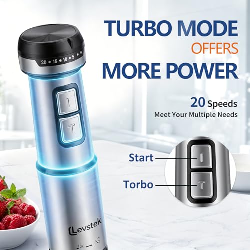 Levstek Immersion Hand Blender Set, 1200W 20-Speed Stainless Steel Stick Blender with 7 Accessories, 500ml & 200ml Chopper Cups, Milk Frother, Egg Beater, for Smoothies, Soups Kitchen Essential