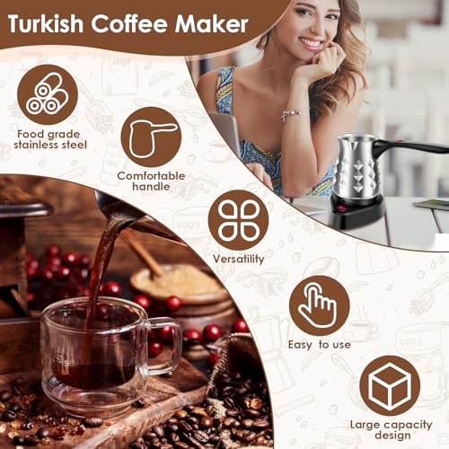 LYIYEYAN Turkish Coffee Maker, Stainless Steel 500ml Turkish Coffee Machine with Folding Handle, 5 to 6 Cups Capacity Turkish Coffee Pot, Electric Coffee Tea Warmer Kettle for Home Travel (Diamond)