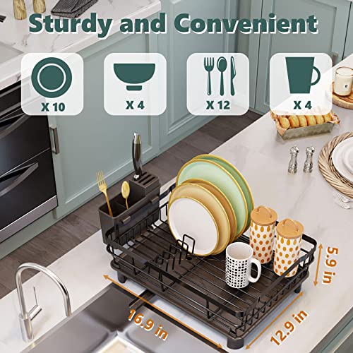 AIDERLY Metal Dish Drying Rack Automatic Drainage, Black, Large