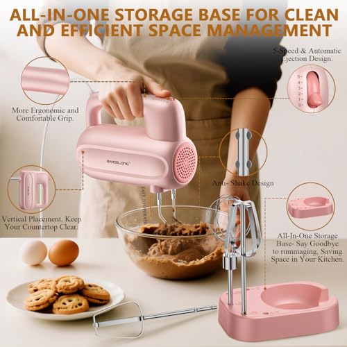 BAIGELONG Hand Electric Mixer, 5-Speed KitchenMixer with 5 * 304 Stainless Steel Attachments + Storage Base, Food Handheld Mixer for Baking, Whipping Cream, Cake Mixing, Pink