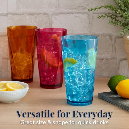 US Acrylic Optix Plastic Reusable Drinking Glasses (Set of 8) 20oz Water Cups in Jewel Tone Colors | BPA-Free Tumblers, Made in USA | Top-Rack Dishwasher Safe