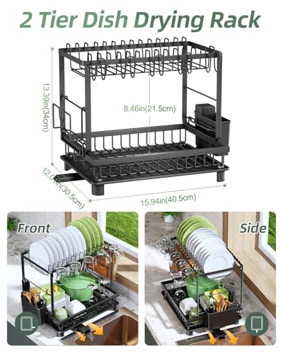 Nfnoyp Dish Drying Rack, 2 Tier Space-Saving Dish Rack, Multifunctional Dish Drainer for Kitchen Counter with Drainboard/Utensil/Cup Holder Rustproof Carbon Steel, Black