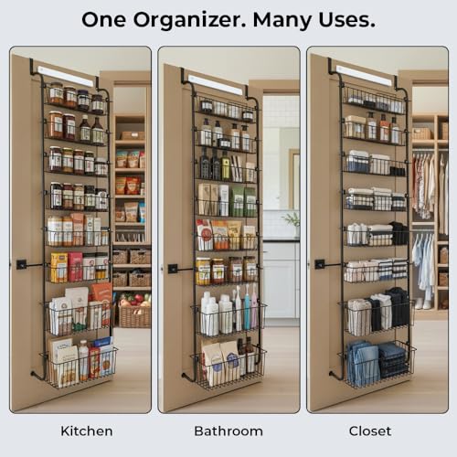 HOKOSFOKOS Over Door Organizer Storage - 8 Tier White Metal Over the Door Pantry Organizer Heavy Duty Hanging Storage Rack, Behind Cabinet Shelves for Home, Kitchen, Bathroom, Closet, Pantry