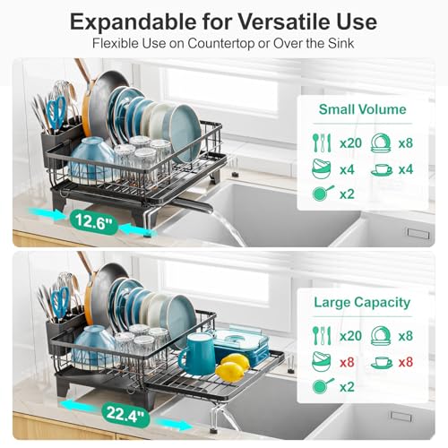 GSlife Expandable Dish Drying Rack for Kitchen Counter, Large Capacity 2-in-1 Rust Resistant Dish Drainer with Swivel Spout and Pull Out Over Sink Extension, 16.7" W x 12.6"-22.4" L, Black