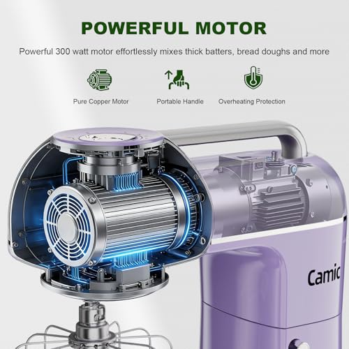 Camic Electric Stand Mixer,7.45 QT,10 Speeds with Dough Hook,Whisk, Flat Beater Attachments, Splash Guard, Easy-Carry Top Handle,3-IN-1 Kitchen Mixer for Baking Cakes Cookie Bread Salad (Purple)